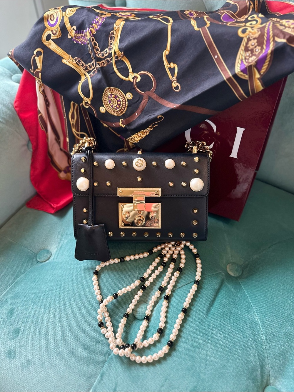 Gucci Podlock Black Studded Chain Shoulder Bag with Pearl Accents